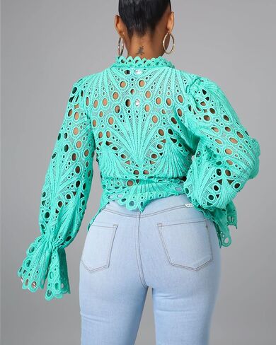 Doweha Women’s Sexy Ruffle Long Sleeve Summer Lace Tops 2025 Puff Flare Shirt V Neck Hollow Out Button Down Tunic Blouses in Saudi Arabia