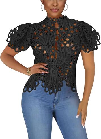 Doweha Women’s Sexy Ruffle Long Sleeve Summer Lace Tops 2025 Puff Flare Shirt V Neck Hollow Out Button Down Tunic Blouses in Saudi Arabia