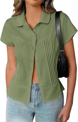 Cicy Bell Womens Short Sleeve Button Down Shirts Pleated Slim Fit Summer Dressy Casual Blouses in Saudi Arabia