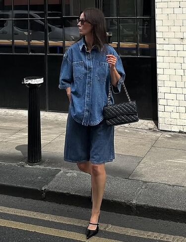Women's Denim Shirt, Button Down Short Sleeve Jean Shirts Casual Top Outfits Trendy in Kuwait
