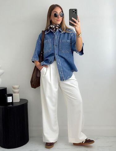 Women's Denim Shirt, Button Down Short Sleeve Jean Shirts Casual Top Outfits Trendy in Kuwait