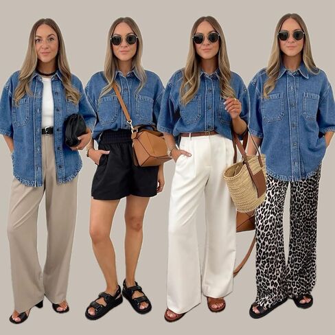 Women's Denim Shirt, Button Down Short Sleeve Jean Shirts Casual Top Outfits Trendy in Kuwait
