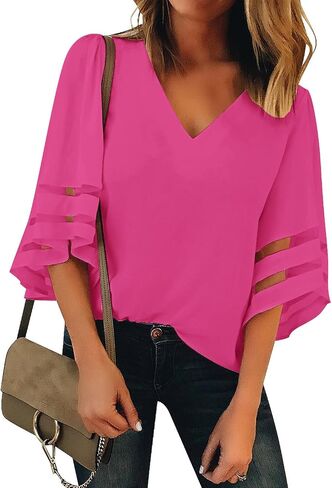 LookbookStore Women’s V Neck Mesh Panel Blouse 3/4 Bell Sleeve Sould Top Shirt in Kuwait