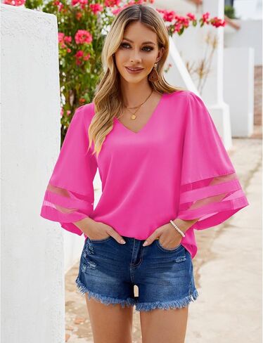 LookbookStore Women’s V Neck Mesh Panel Blouse 3/4 Bell Sleeve Sould Top Shirt in Kuwait