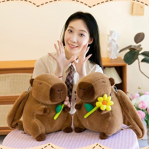 Capybara Bow Bowknot Orange Flower Lollipop Cute Plush Backpack Kawaii Cartoon Design for Women Ita Bag (Pink bow) in Saudi Arabia