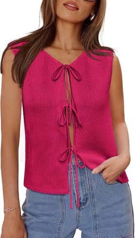 Yousify Women’s Tie Front Sweater Vest 2025 Summer Sleeveless Crochet Knit Tops Lightweight Cardigan Sweaters Outfits in Saudi Arabia