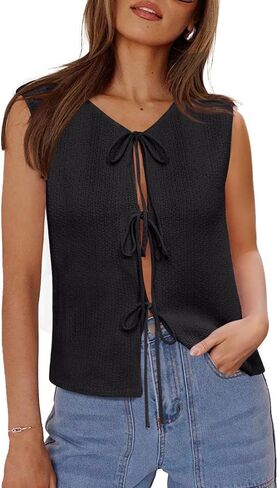Yousify Women’s Tie Front Sweater Vest 2025 Summer Sleeveless Crochet Knit Tops Lightweight Cardigan Sweaters Outfits in Saudi Arabia