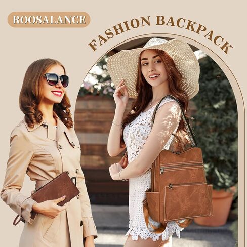 Backpack Purse for Women, PU Leather Backpack Purse, Waterproof Anti-Theft Women Back pack, Fashion Multi-Pocket Travel Backpack Shoulder Bag Handbag With Clutch, Brown in Kuwait