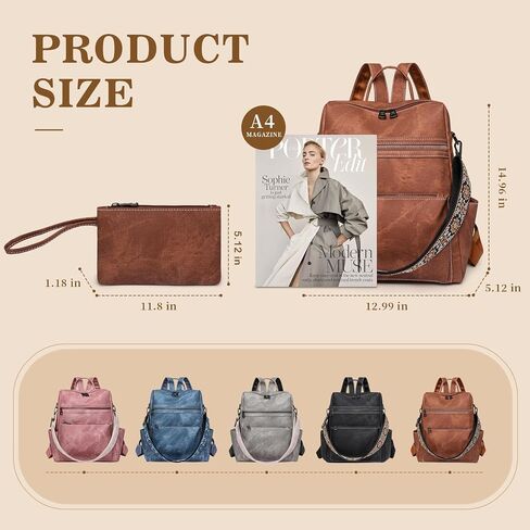 Backpack Purse for Women, PU Leather Backpack Purse, Waterproof Anti-Theft Women Back pack, Fashion Multi-Pocket Travel Backpack Shoulder Bag Handbag With Clutch, Brown in Kuwait