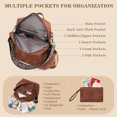 Backpack Purse for Women, PU Leather Backpack Purse, Waterproof Anti-Theft Women Back pack, Fashion Multi-Pocket Travel Backpack Shoulder Bag Handbag With Clutch, Brown in Kuwait