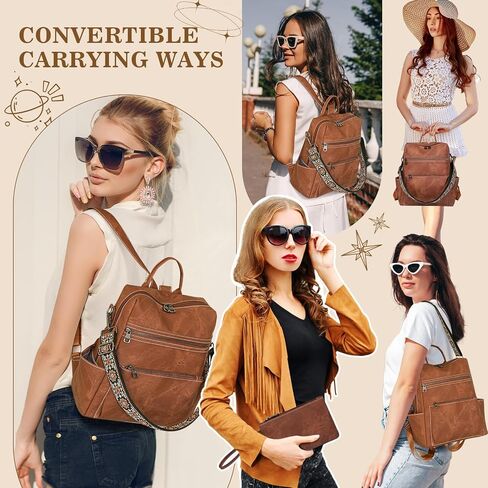 Backpack Purse for Women, PU Leather Backpack Purse, Waterproof Anti-Theft Women Back pack, Fashion Multi-Pocket Travel Backpack Shoulder Bag Handbag With Clutch, Brown in Kuwait