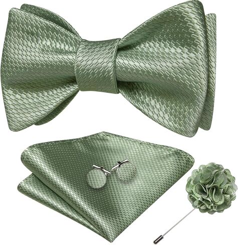 YOHOWA Mens Bow Tie Set with Lapel Pin Brooch Pink Silk Self Tie Bowtie Handkerchief Cufflinks Formal Wedding Party Prom in Kuwait