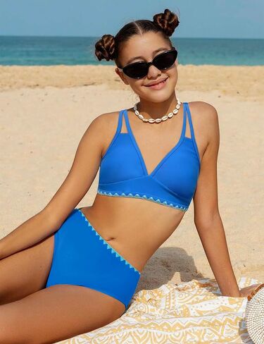 Girls Swimsuits V-Neck Double Strap Design Cute Girls Bikini Swim Two Piece Sets with Chest Pad in Saudi Arabia