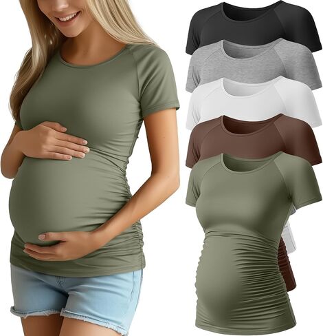 Ficerd 5 Pack Women's Maternity Shirts Short Sleeve Side Ruched Pregnancy Tops Raglan Cotton Tee Tunic Casual Mama Clothes in Saudi Arabia