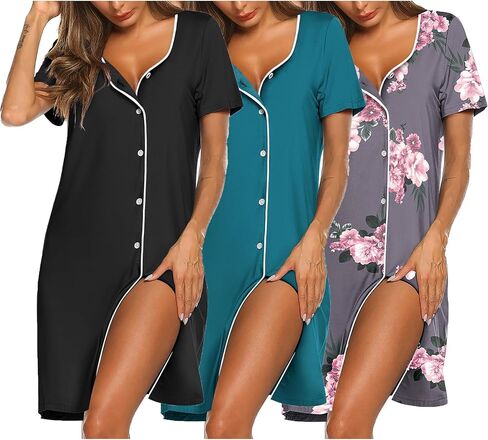 Ekouaer Lightgowns for Women 3 Pack Staints Button Button Down Pajama Dress Fress Short Sleeve Sleepwear Nightdress in Kuwait
