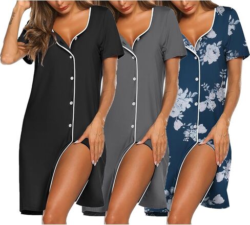Ekouaer Nightgowns for Women 3 Pack Sleep Shirts Button Down Pajama Dress Short Sleeve Nightshirt Sleepwear Nightdress in Kuwait