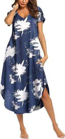 Ekouaer Long Nightgowns for Women Short Sleeve House Dress with Pockets V Neck Sleepshirts Side Split Sleepwear S-4XL in Kuwait