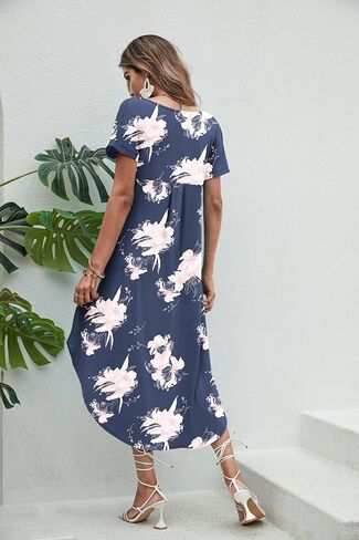 Ekouaer Long Nightgowns for Women Short Sleeve House Dress with Pockets V Neck Sleepshirts Side Split Sleepwear S-4XL in Kuwait