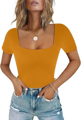 Chunpin Women's Sexy Square Neck Short Suguit Tops Double Clined Slim Thong Body Suit in Kuwait