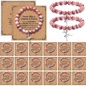 24 Sets Dance Recital Team Gifts Bulk for Bracelet Pink Dancing Adjustable Ballet Stuff Ballerina Bracelet with Card for International Dance Day Dancing Competition Prizes Gifts(Cute Style)