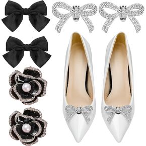 6Pcs Bow Shoe Clips 3 Styles Rhinestone Shoe Buckle Black Satin Bow Shoe Buckle Clips Fashion Bridal Wedding Shoe Charms for Women Detachable Bow Heels Accessories