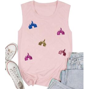 Magic Kingdom Tanks for Women Sequin Shirts Colorful Castle Graphic Sleveless Top Holiday Vacation Tank Tops