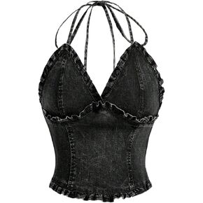 Makemechic Women's Plus Size Tops Tops Tie Open Back Frill Trim Shirred Y2K Tank Top Top
