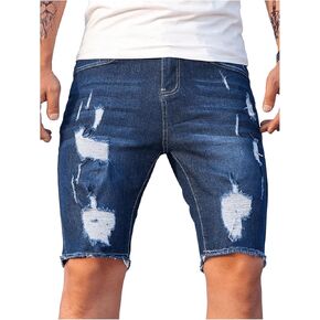 GORGLITTER Men's Ripped Jean Shorts Zipper Fly Washed Denim Shorts Raw Trim Slim Fit Shorts with Pockets Dark Wash Medium