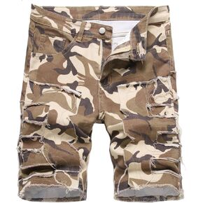 HBER Mens Camo Denim Shorts Jorts Mid Rise Frayed Raw Hem Distressed Bermuda Jean Shorts Y2k with Pockets