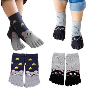 2 Pairs Cotton Five Finger Toe Socks Athletic Casual Cartoon Animal Dog Cat Dress Split Socks for Kids Boys Girls 3-12 Years