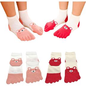 2 Pairs Cotton Five Finger Toe Socks Athletic Running Breathable Mesh Seperated Bear Socks for Kids Girls Boys 3-12 Years