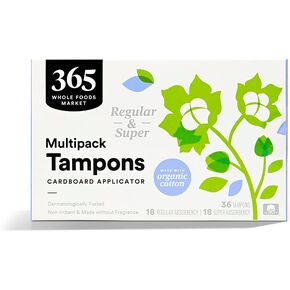 365 من شركة Whole Foods Market ، سداداتين مع تطبيقات من الورق المقوى ، Multipack (العادية والامتصاص الفائق) ، مصنوعة من القطن العضوي ، غير معقود ، 36 عدد