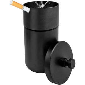 Car Ashtray with Lid, Stainless Steel Durable Smokeless Smell Proof Ash Tray for Car Cup, Detachable Portable Windproof Extinguished Butt Bucket Ash Tray for Vehicle Home Office (Black)
