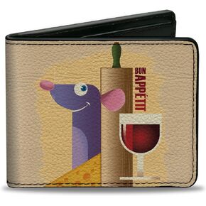 Buckle-Down Men's Disney Wallet, Bifold, Ratatouille Remy Bon Appetit Hiding Pose and Text Logo Beige, Vegan Leather, 4.0" x 3.5"