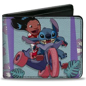 Buckle-Down Disney Wallet, Bifold, Lilo & Stitch Big Wheel and Singing Poses Blues Lavender, Vegan Leather