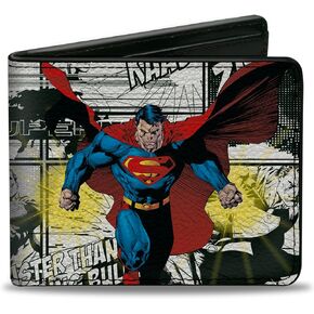 DC Comics Bifold Wallet with Standard Billfold and Card Slots, Superman B-Movie Comic Book Panels Poses, Vegan Leather