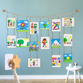 KOLLIEE Kids Artwork Display Art Wall Decor 4.93ft Boho Wooden Beaded Garland Collage Holder with Hanging Rings Wooden Stars Hook 40 Wood Clips for Kids Artwork Photo Room Bedroom Decor
