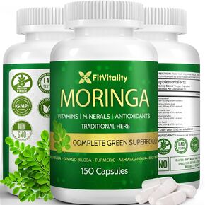 كبسولات مورينغا المميزة | 150 كبسولات نباتية | Moringa Oleifera elect extract powder مع Ginkgo Biloba ، Ashwagandha ، و Holy Basil | غير المعدلة وراثيا ، خالية من الغلوتين | 75 يوم العرض