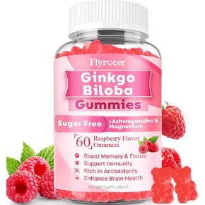 Ginkgo Biloba 300mg gummies للبالغين والأطفال ، ومكملات غينكو بيلوبا للتركيز ، والذاكرة ، وصحة الدماغ ، والنباتات الخالية من السكر ، وتوت العليق ، 60.