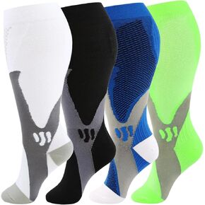 CUBlEX 4 Pairs Plus Size Compression Socks Unisex 20-30mmHg Knee high XXL- XXXXL for Woman & Man