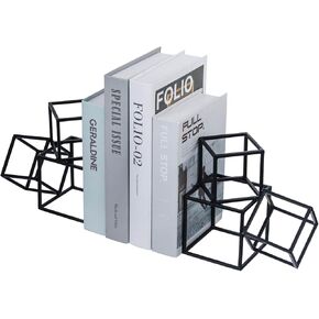 MyGift Modern Matte Black Metal Geometric Bookends in 3 Cube Frame Design, Decorative Book Stands for Home Library Bookshelf Office Desk, 1 Pair, Handcrafted in India