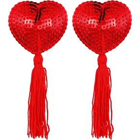 Pasties Nipple Covers Women Reusable Nipple Tassel Pasties, Red Heart-Shaped Breast Petals Bra with Sequins Tassel Adhesive Pasty Pack Stickers for Rave Party Goth Lingerie