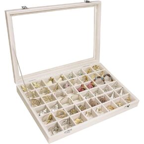 Velvet Jewelry Tray 48 Grid Jewelry Display Tray Organizer Box with Transparent Lid Rings Earrings Necklaces Pendants Display Box Suitable for Women and Girls (Beige)