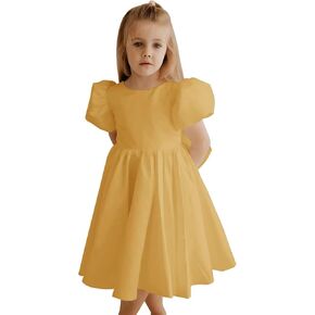 Satin Flower Girl Dress for Wedding Bow-Knot V-Back Dresses Puff Sleeve Jewel Neck Princess Party Long Ball Gowns