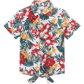 Noomelfish Girls Tie Front Hawaiian Shirt Summer Floral Tropic Short Sleeve Button Down Tops (5-12 Years)