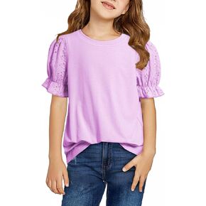 Girls Summer Shirts Cute Hollow Out Puff Short Sleeve Tops Casual Crewneck Tee Blouse 6-15 Years