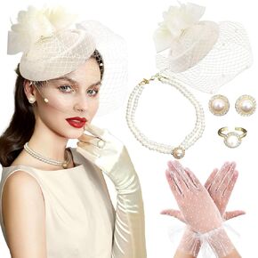 Champagne Tea Party Hat Gloves Women Fascinators Hats Gloves Pearl Necklace Earrings Choker for Wedding Baby Bridal Shower Birthday