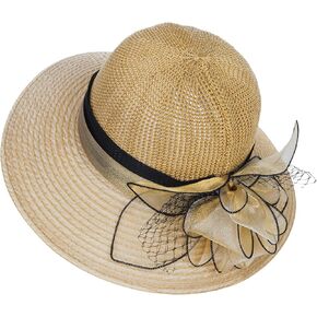 Women French Crochet-Sun-Hat Bowler-Hat with Floral Decor Organza-Blend-Brim Kentucky Church-Hat Derby Fascinators-Cap
