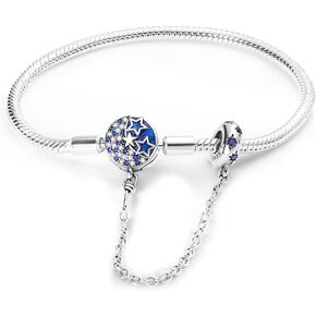 KUNSIR 925 Sterling Silver Snake Chain Bracelet with Moon and Stars Buckle Charm Bracelets for Women Teen