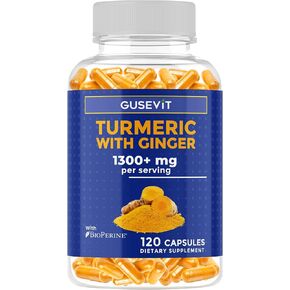 Turmeric + Ginger Extract + BioPerine for Best Absorption (Black Pepper Extract), 1,300+ mg per Serving, Turmeric 95% Curcuminoids, 120 Capsules, 60 Days Supply, GMP Facility